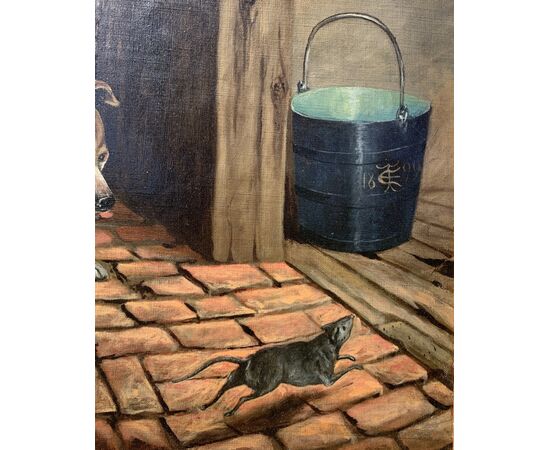 British painter (dated 1899) - Dogs chasing the mouse.