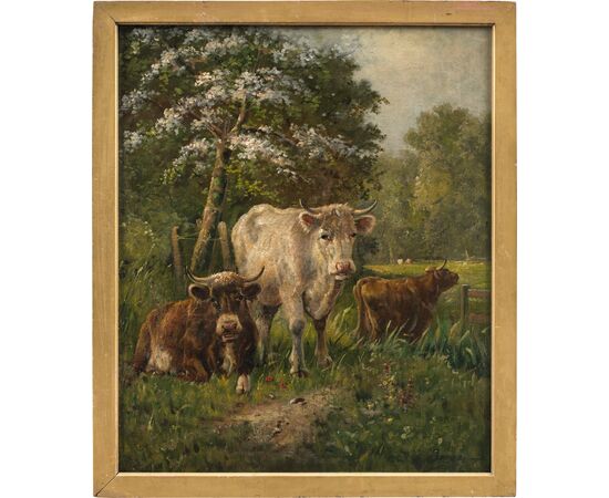 European painter (late 19th century) - Cows grazing.