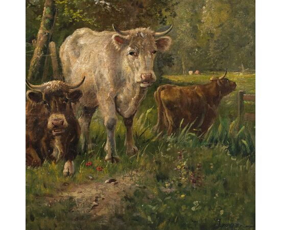 European painter (late 19th century) - Cows grazing.