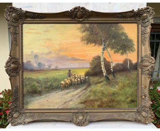 Pittore inglese (XIX sec.) - Paesaggio con gregge al tramonto. Pittore inglese (XIX sec.) - Paesaggio con gregge al tramonto.