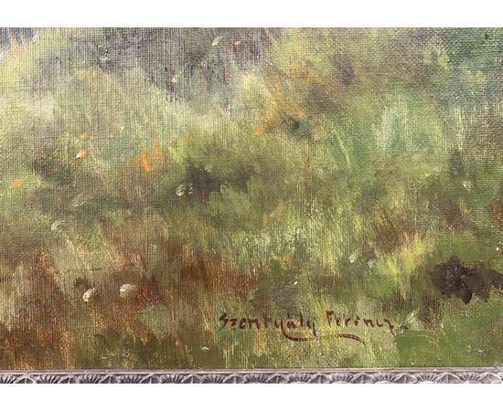 Pittore inglese (XIX sec.) - Paesaggio con gregge al tramonto. Pittore inglese (XIX sec.) - Paesaggio con gregge al tramonto.