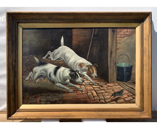 British painter (dated 1899) - Dogs chasing the mouse.