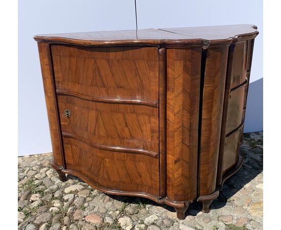 Pair of walnut veneer corner cabinets. Venice, 18th century.