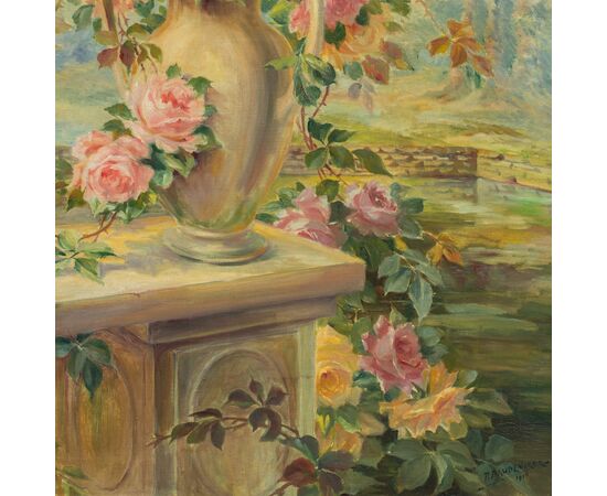 French painter (dated 1919) - Still life with vase of roses. French painter (dated 1919) - Still life with vase of roses.