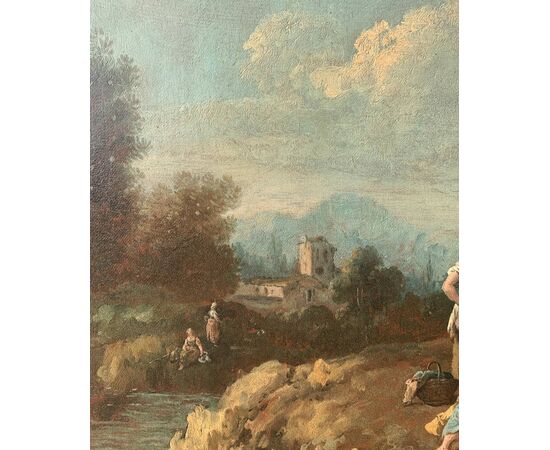 Giuseppe Zais (Forno di Canale 1709 - Treviso 1784) - Paesaggio con pastorelli e filatrice. Giuseppe Zais (Forno di Canale 1709 - Treviso 1784) - Paesaggio con pastorelli e filatrice.
