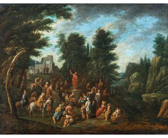 Maestro fiammingo attivo in Italia (XVII sec.) - Predica di S. Giovanni Battista in un paesaggio.