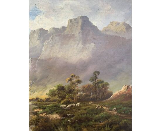 J. M. Ducker (British, early 20th century) - Mountain landscape with lake and sheep.