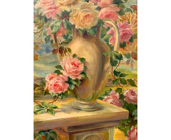 French painter (dated 1919) - Still life with vase of roses. French painter (dated 1919) - Still life with vase of roses.