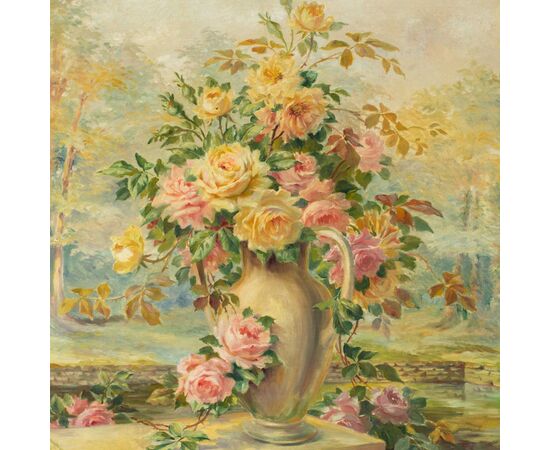 French painter (dated 1919) - Still life with vase of roses. French painter (dated 1919) - Still life with vase of roses.