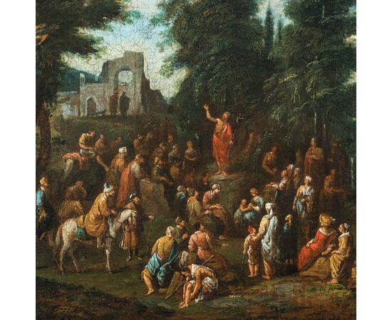 Maestro fiammingo attivo in Italia (XVII sec.) - Predica di S. Giovanni Battista in un paesaggio.