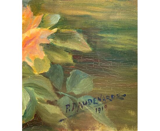 French painter (dated 1919) - Still life with vase of roses. French painter (dated 1919) - Still life with vase of roses.