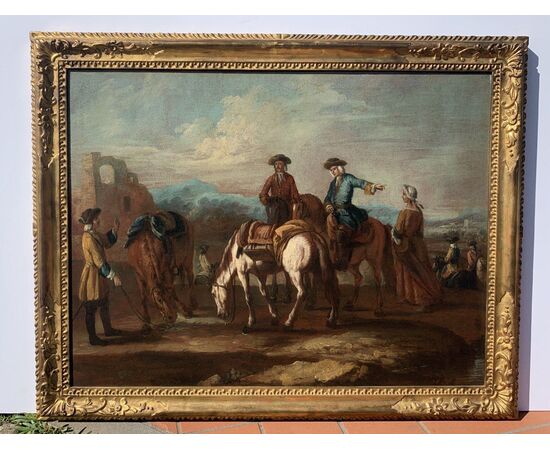 Giuseppe Zais (Forno di Canale 1709 - Treviso 1784) - Paesaggio con cavalieri in sosta. Giuseppe Zais (Forno di Canale 1709 - Treviso 1784) - Paesaggio con cavalieri in sosta.