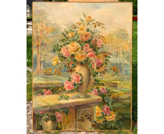 French painter (dated 1919) - Still life with vase of roses. French painter (dated 1919) - Still life with vase of roses.