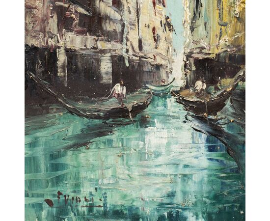 Pittore veneziano (inizi XX sec.) - Veduta di Venezia con canale e gondole.
