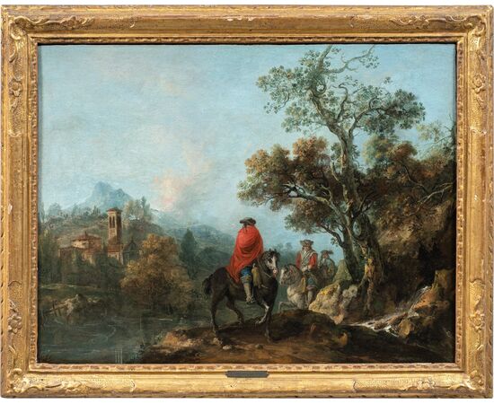 Francesco Zuccarelli (Pitigliano 1702 - Florence 1788) - River landscape with horsemen and medieval village.