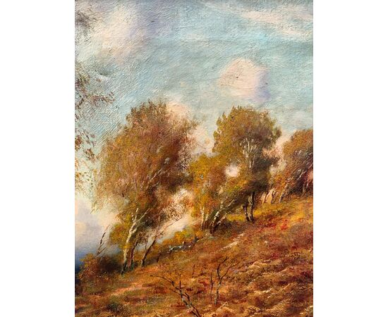 European painter (late 19th century) - Landscape with woods and path. European painter (late 19th century) - Landscape with woods and path.