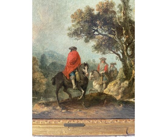 Francesco Zuccarelli (Pitigliano 1702 - Florence 1788) - River landscape with horsemen and medieval village.