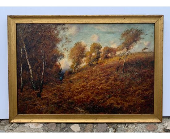 European painter (late 19th century) - Landscape with woods and path. European painter (late 19th century) - Landscape with woods and path.