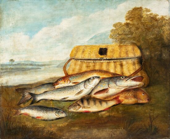 Pittore europeo (XIX sec.) - Natura morta di pesci. Pittore europeo (XIX sec.) - Natura morta di pesci.