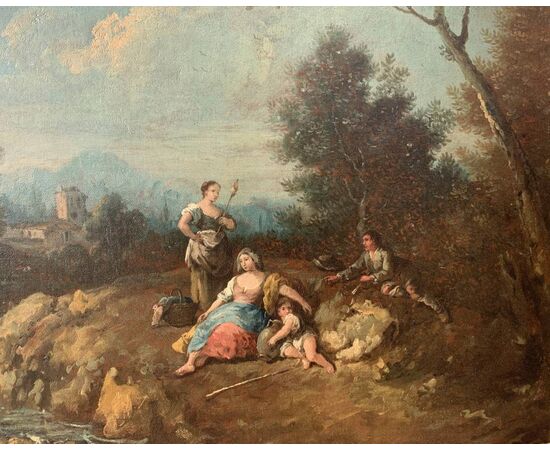 Giuseppe Zais (Forno di Canale 1709 - Treviso 1784) - Paesaggio con pastorelli e filatrice. Giuseppe Zais (Forno di Canale 1709 - Treviso 1784) - Paesaggio con pastorelli e filatrice.