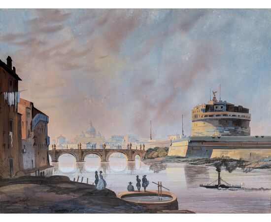 Seguace di Ippolito Caffi (Belluno 1809 - Lissa 1866) - Roma, veduta del Tevere verso Castel Sant’Angelo. Seguace di Ippolito Caffi (Belluno 1809 - Lissa 1866) - Roma, veduta del Tevere verso Castel Sant’Angelo.