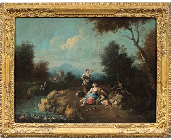 Giuseppe Zais (Forno di Canale 1709 - Treviso 1784) - Paesaggio con pastorelli e filatrice. Giuseppe Zais (Forno di Canale 1709 - Treviso 1784) - Paesaggio con pastorelli e filatrice.
