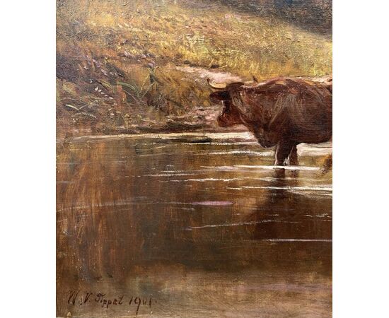 William Vivian Tippett (British, 1833 - 1910) - Landscape with cows at the lake.