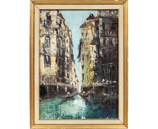 Pittore veneziano (inizi XX sec.) - Veduta di Venezia con canale e gondole.
