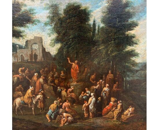 Maestro fiammingo attivo in Italia (XVII sec.) - Predica di S. Giovanni Battista in un paesaggio.