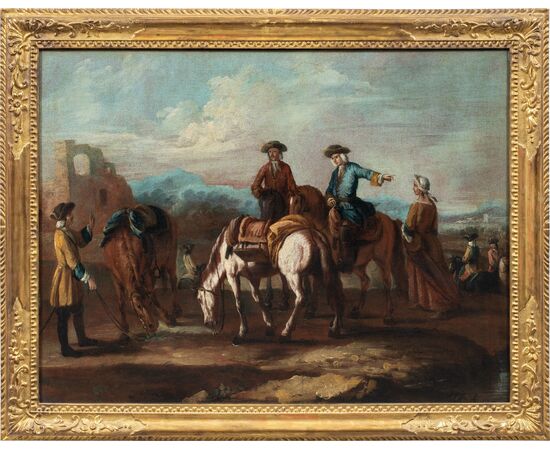Giuseppe Zais (Forno di Canale 1709 - Treviso 1784) - Paesaggio con cavalieri in sosta. Giuseppe Zais (Forno di Canale 1709 - Treviso 1784) - Paesaggio con cavalieri in sosta.