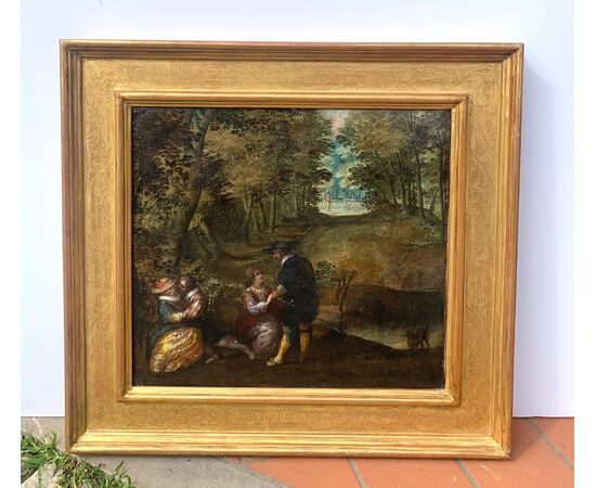 Lodewijk Toeput, known as Ludovico Pozzoserrato (Antwerp or Mechelen c. 1550 - Treviso 1604 or 1605) - Meeting between ladies and gentlemen in a landscape.