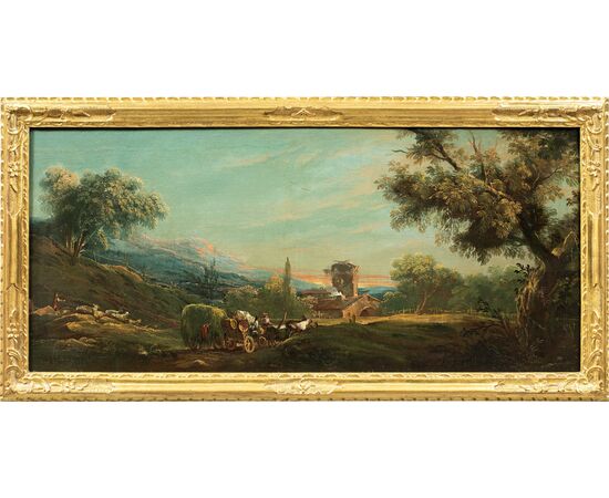 Antonio Diziani (Venice 1737 - Venice 1797) - Bucolic landscape with figures and cart.