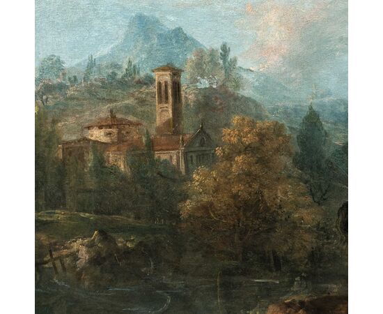 Francesco Zuccarelli (Pitigliano 1702 - Florence 1788) - River landscape with horsemen and medieval village.