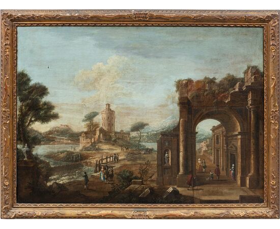 Francesco Battaglioli (Modena circa 1710 - Venice post 1796) - Architectural capriccio with figures. Francesco Battaglioli (Modena circa 1710 - Venice post 1796) - Architectural capriccio with figures.
