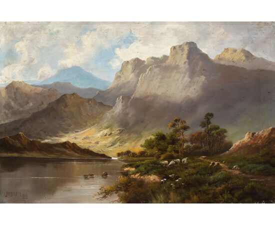 J. M. Ducker (British, early 20th century) - Mountain landscape with lake and sheep.