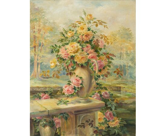 French painter (dated 1919) - Still life with vase of roses. French painter (dated 1919) - Still life with vase of roses.