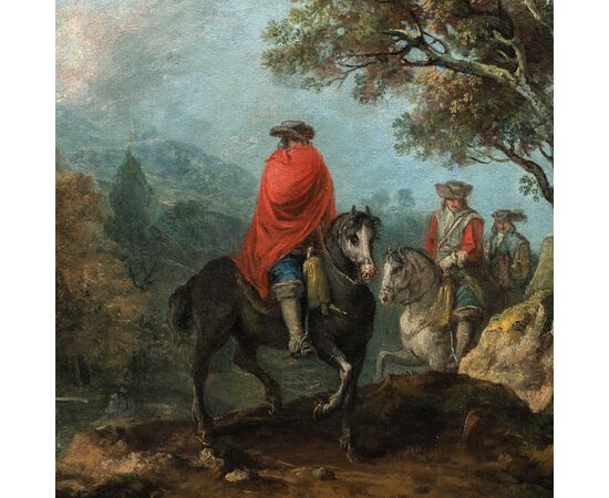 Francesco Zuccarelli (Pitigliano 1702 - Florence 1788) - River landscape with horsemen and medieval village.