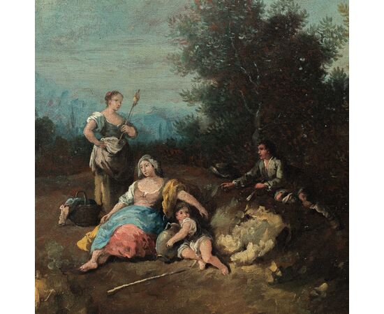 Giuseppe Zais (Forno di Canale 1709 - Treviso 1784) - Paesaggio con pastorelli e filatrice. Giuseppe Zais (Forno di Canale 1709 - Treviso 1784) - Paesaggio con pastorelli e filatrice.
