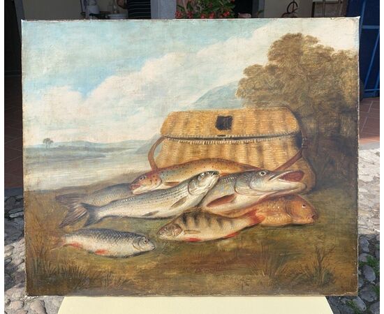 Pittore europeo (XIX sec.) - Natura morta di pesci. Pittore europeo (XIX sec.) - Natura morta di pesci.