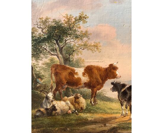 Pittore italiano (fine XVIII-inizi XIX sec.) - Paesaggio con mucche, capre e barca.