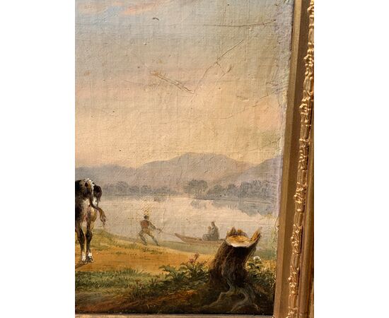 Pittore italiano (fine XVIII-inizi XIX sec.) - Paesaggio con mucche, capre e barca.