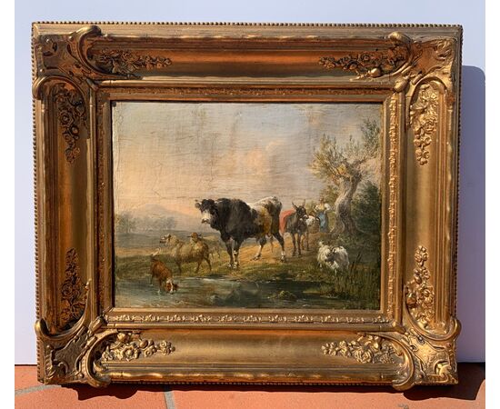 Pittore italiano (fine XVIII-inizi XIX sec.) - Paesaggio con mucche, capre e cane al ruscello. Pittore italiano (fine XVIII-inizi XIX sec.) - Paesaggio con mucche, capre e cane al ruscello.
