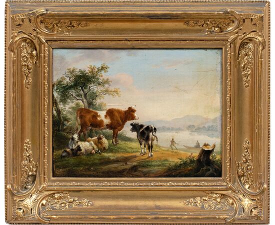 Pittore italiano (fine XVIII-inizi XIX sec.) - Paesaggio con mucche, capre e barca.