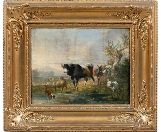 Pittore italiano (fine XVIII-inizi XIX sec.) - Paesaggio con mucche, capre e cane al ruscello. Pittore italiano (fine XVIII-inizi XIX sec.) - Paesaggio con mucche, capre e cane al ruscello.