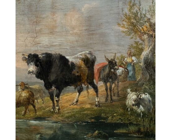 Pittore italiano (fine XVIII-inizi XIX sec.) - Paesaggio con mucche, capre e cane al ruscello. Pittore italiano (fine XVIII-inizi XIX sec.) - Paesaggio con mucche, capre e cane al ruscello.