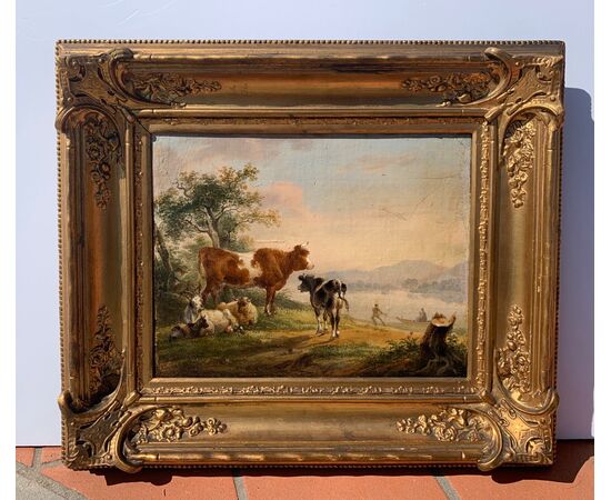 Pittore italiano (fine XVIII-inizi XIX sec.) - Paesaggio con mucche, capre e barca.
