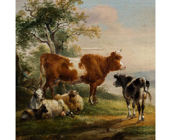 Pittore italiano (fine XVIII-inizi XIX sec.) - Paesaggio con mucche, capre e barca.