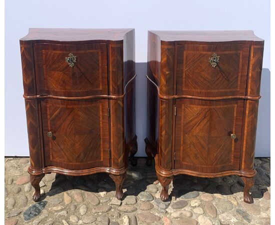 Pair of walnut and carob veneered bedside tables. Venice, mid 18th century.