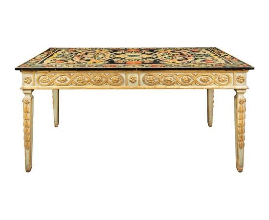 Large carved and painted wooden writing desk. Italy, 19th-20th century.