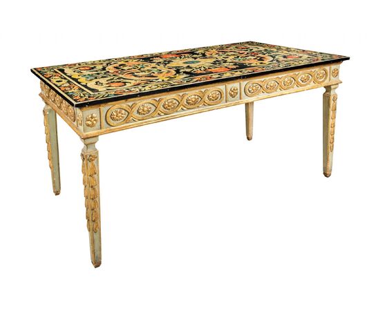 Large carved and painted wooden writing desk. Italy, 19th-20th century.
